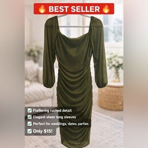 ✨ Olive Green Ruched Midi Dress — $15 ✨